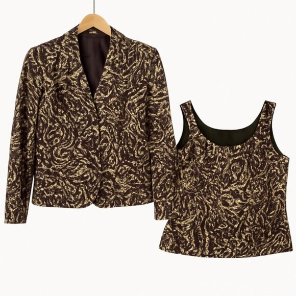 Kasper Pure Silk 2-Piece Blazer  Camisole Brown Black Cream Abstract Size US 8 - Picture 2 of 16